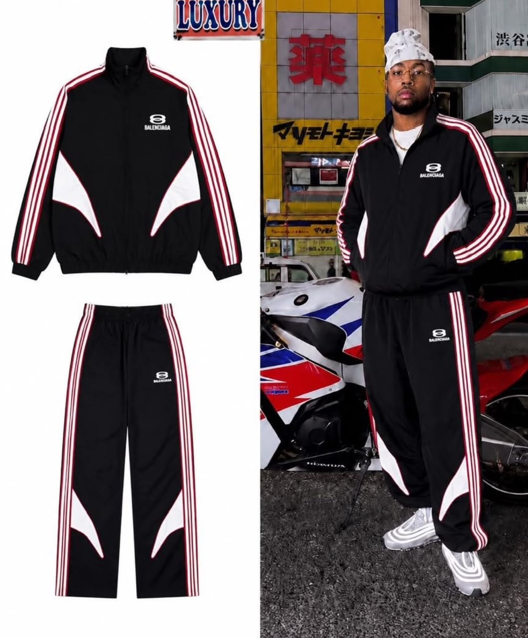 Black Balenciaga tracksuit displayed in flat lay and on model outdoors.