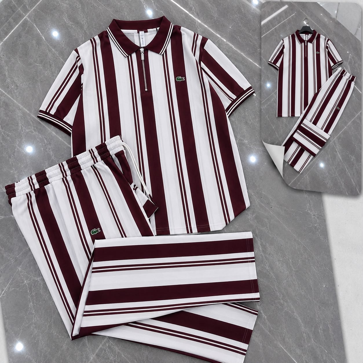 Lacoste burgundy and white striped two-piece set with polo shirt and trousers.