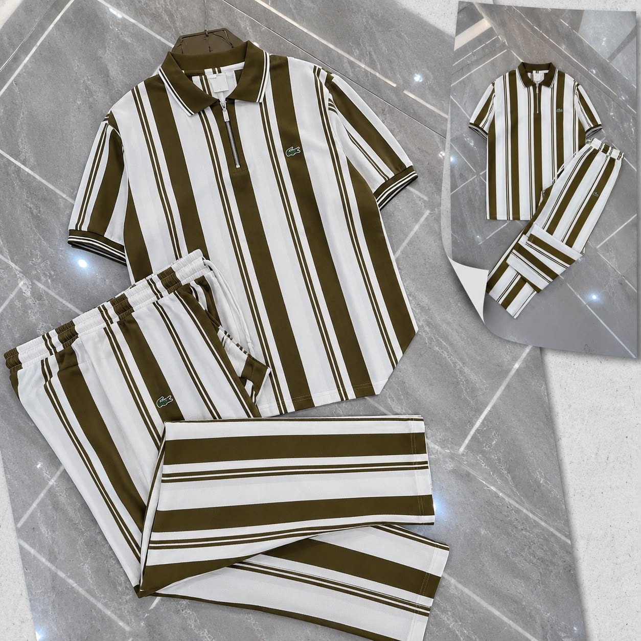 Lacoste olive and white striped two-piece set with polo shirt and trousers.
