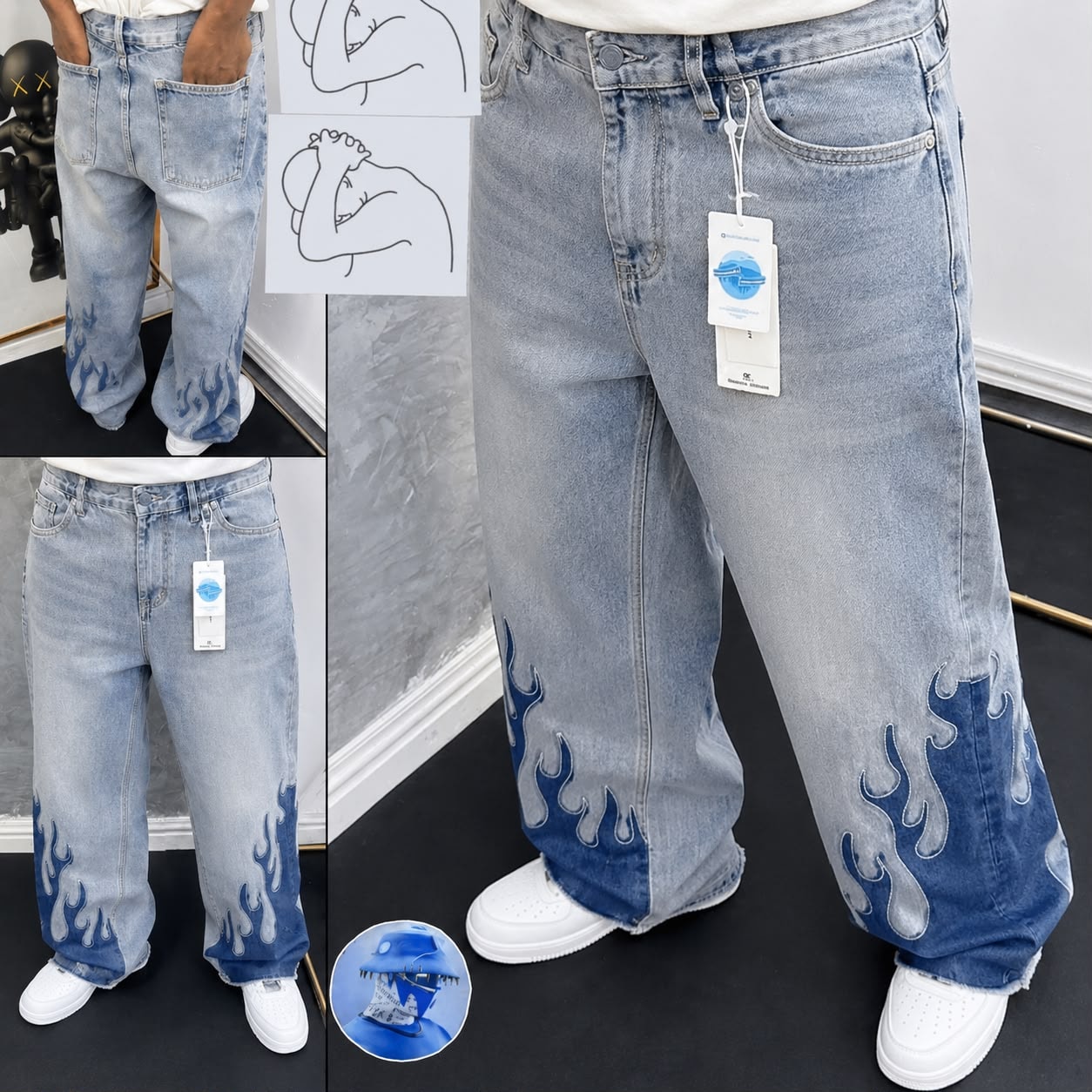 Light blue baggy jeans with blue flame embroidery on lower legs, shown in front, side, and back views on a model with white sneakers.