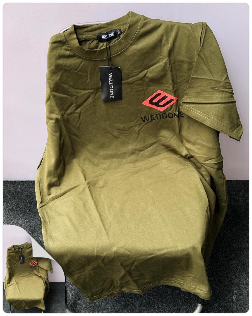 Olive green Welldone logo t-shirt with red chest logo.