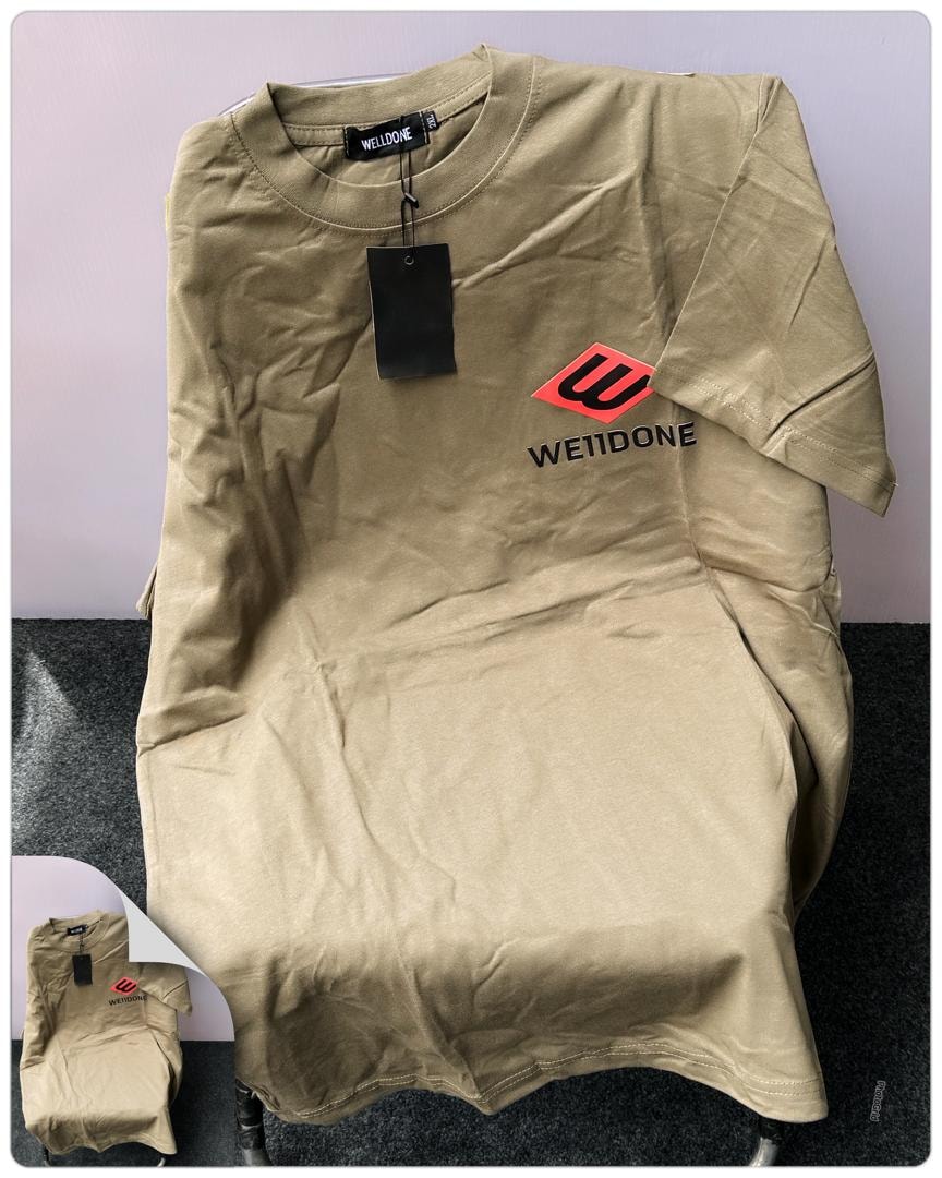 Beige Welldone logo t-shirt displayed with black tag.