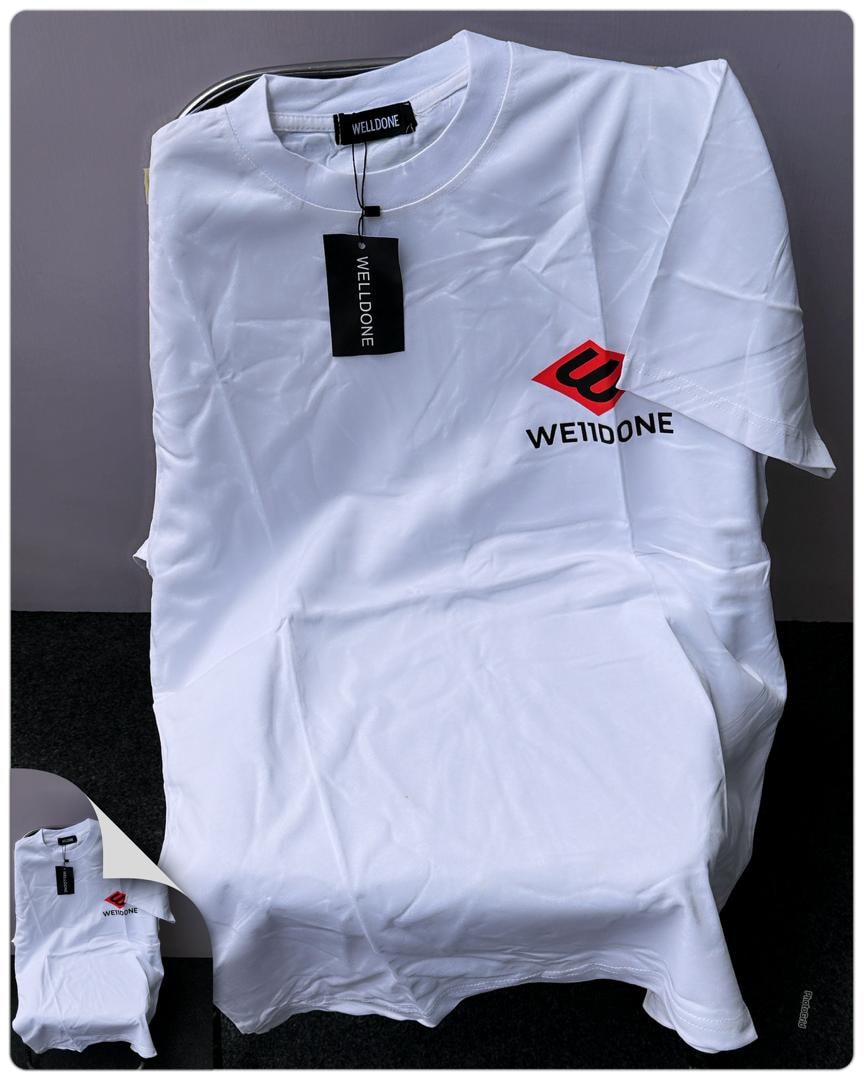 White Welldone logo t-shirt with red and black chest logo.