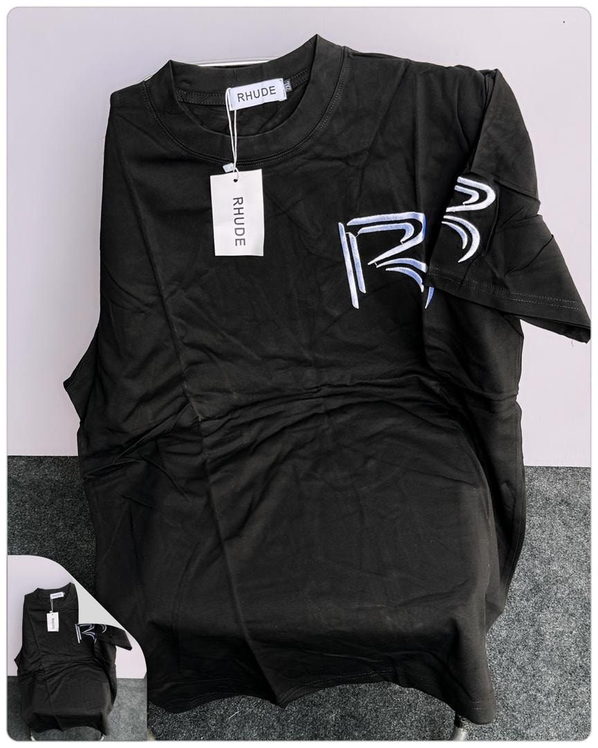 Black Rhude t-shirt with large stylized R graphic on chest and sleeve.