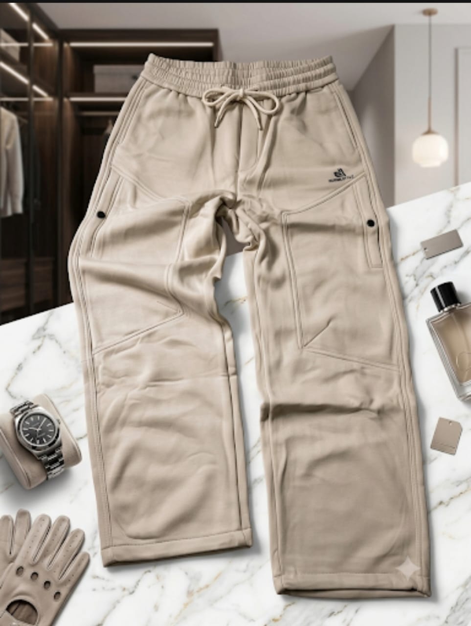 Beige cargo joggers with flap pockets and logo on marble surface with watch and gloves.