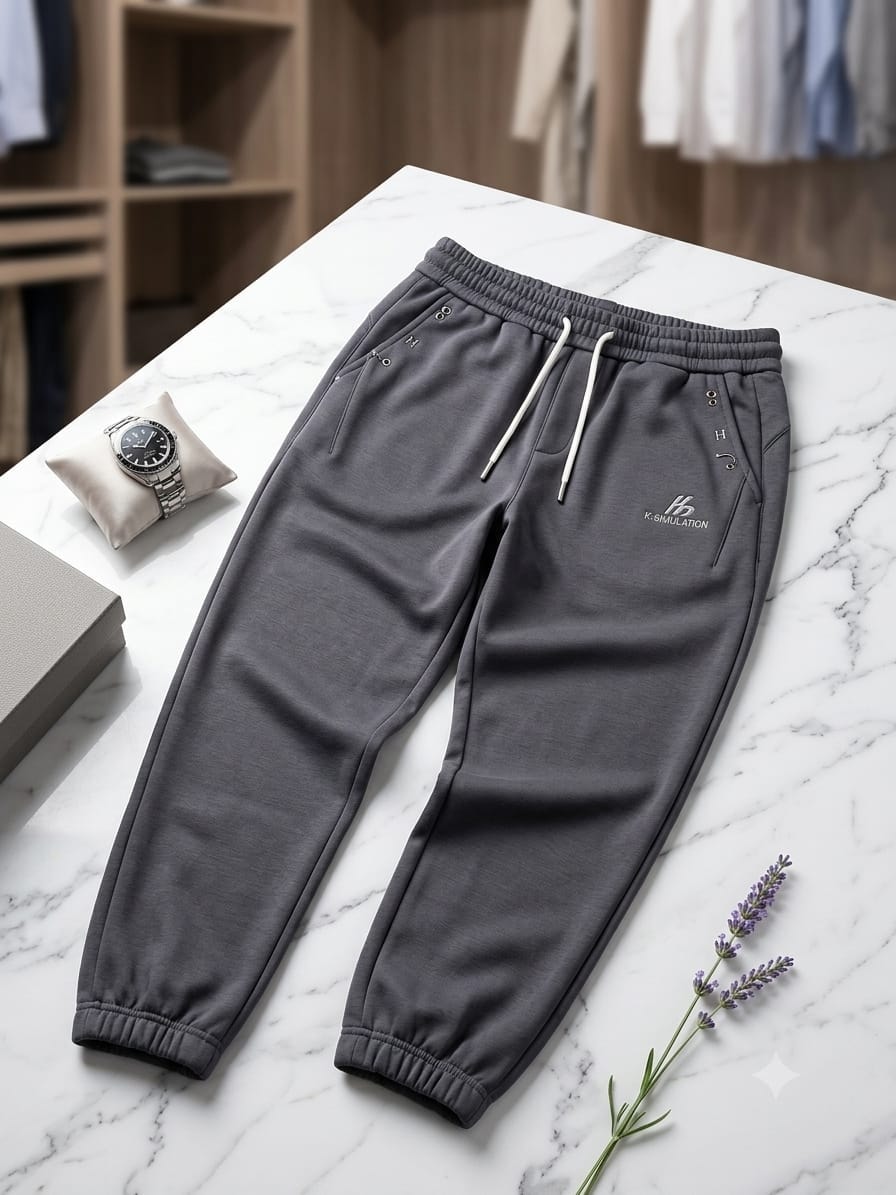 Gray joggers with K-SIMULATION embroidery and drawstring on marble with watch and lavender.