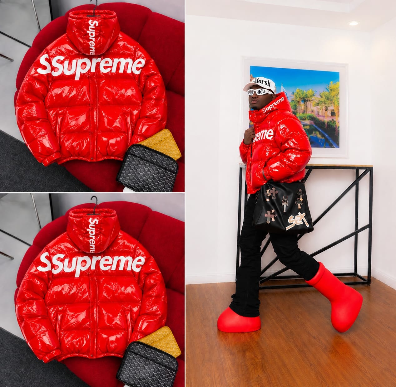 Red Supreme puffer jacket with large white logo on chest, shown in flat lays and on model.