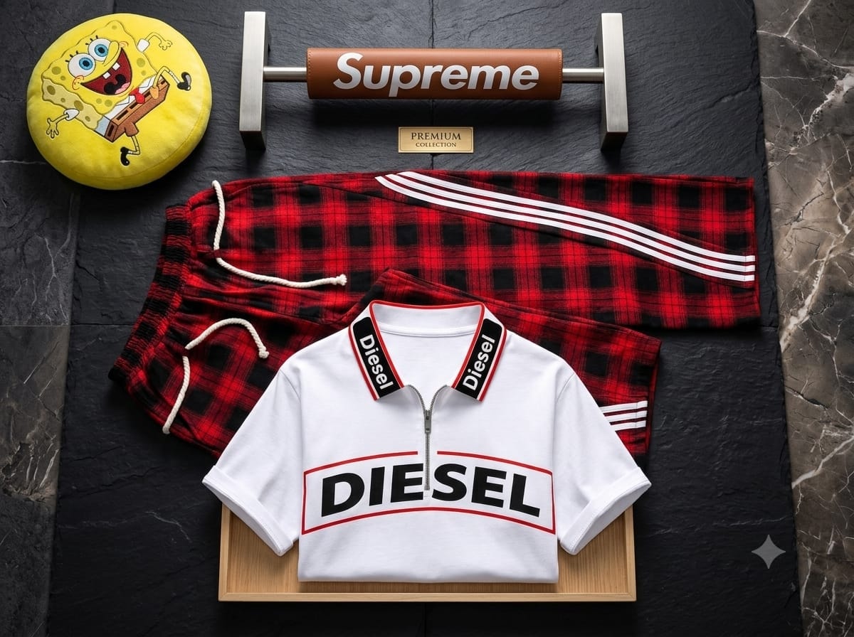 White Diesel branded zip polo shirt paired with red and black plaid shorts in a flat lay with props.
