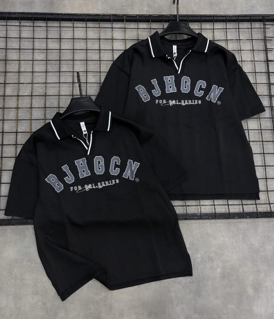 Two views of black short sleeve polo shirt with BJHGCN graphic print on grid background.