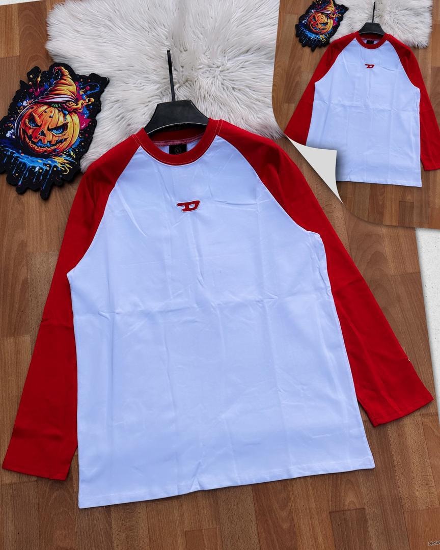 White long sleeve raglan tee with red contrast sleeves and red Dee logo.