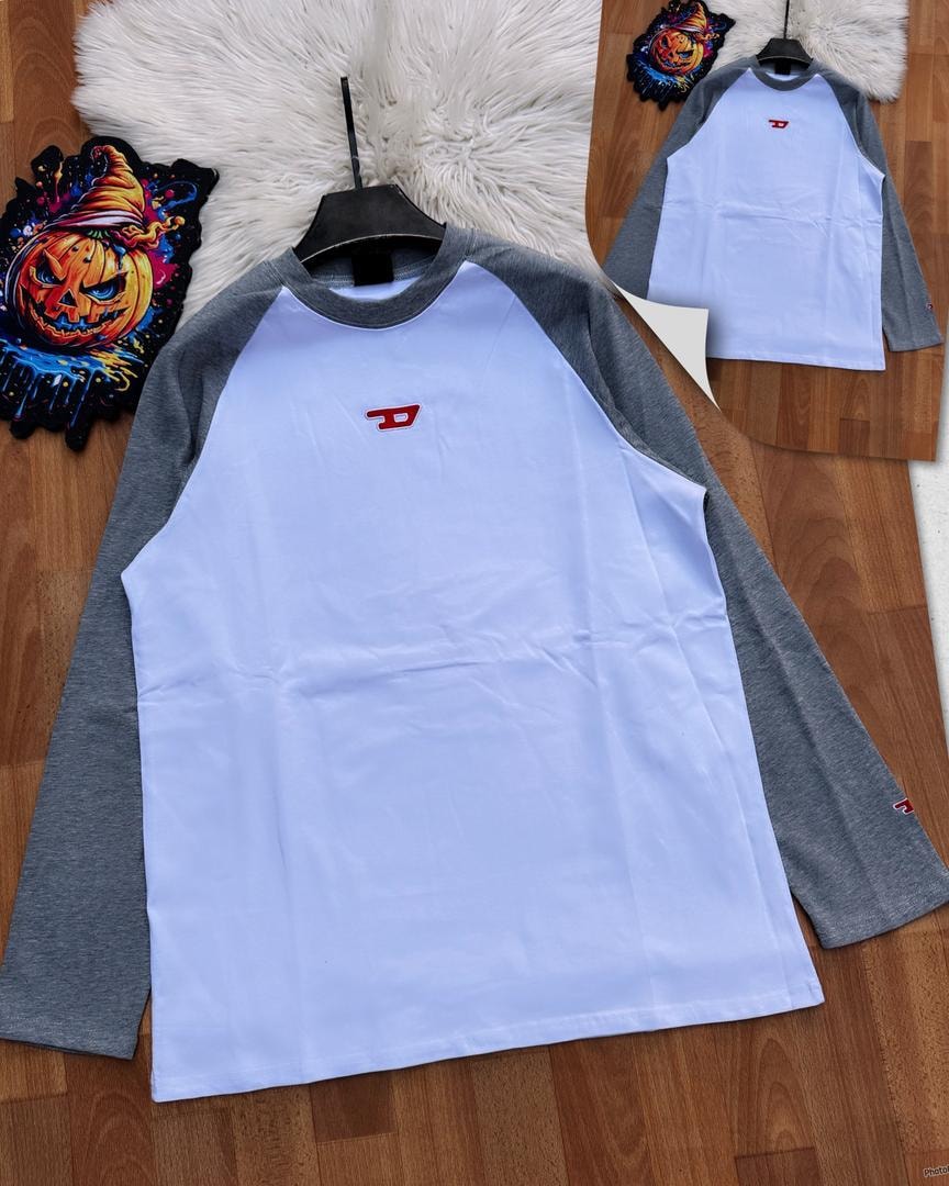 White long sleeve raglan tee with grey contrast sleeves and red Dee logo.