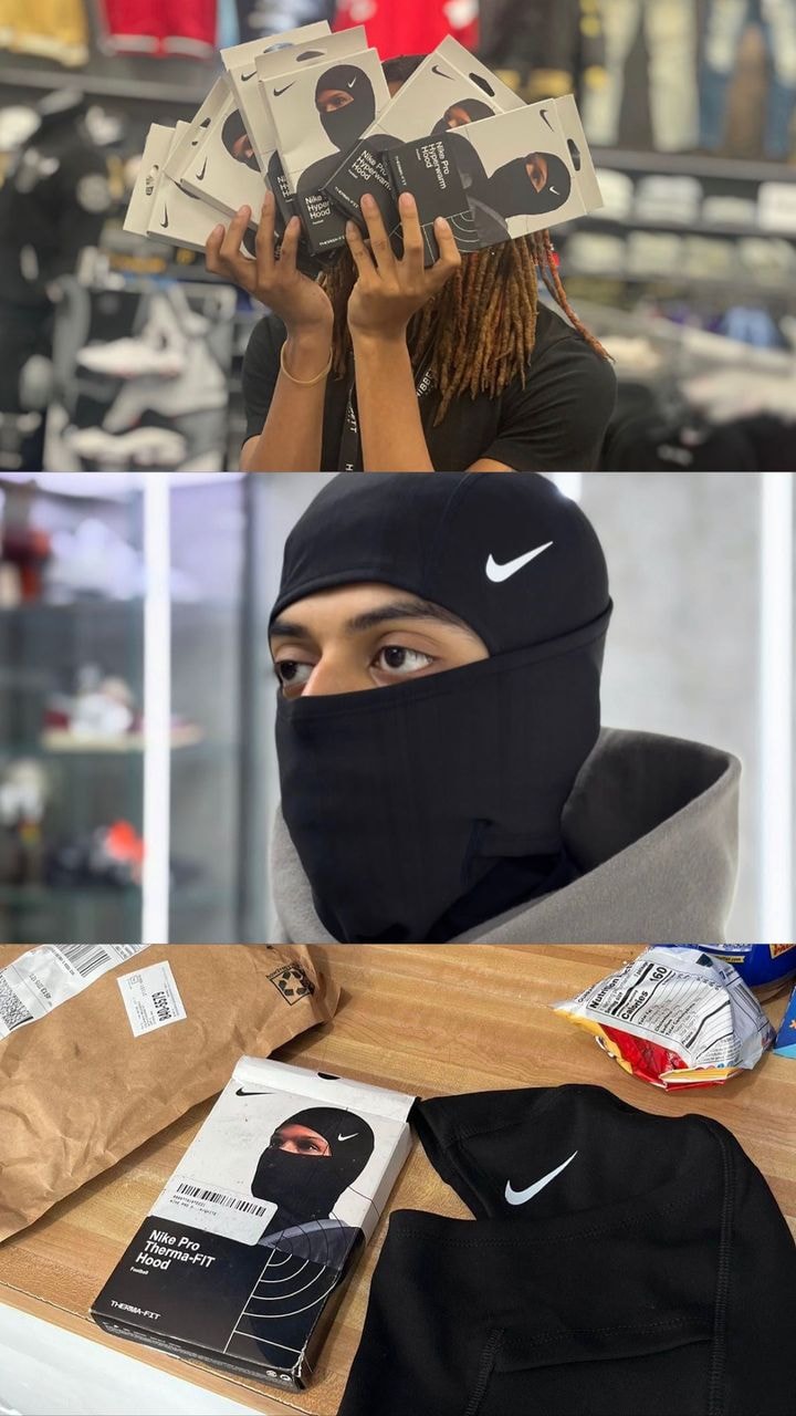 Person wearing black Nike Pro Therma-FIT ski mask with packaging and lifestyle views.