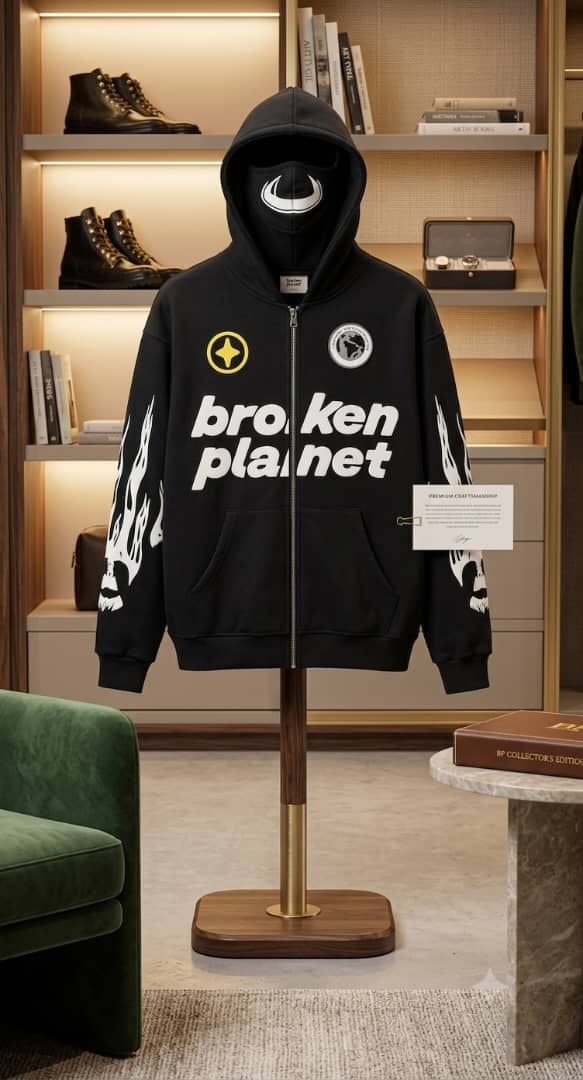 Broken Planet zip-up hoodie in black featuring graphic prints and embroidery, front view.