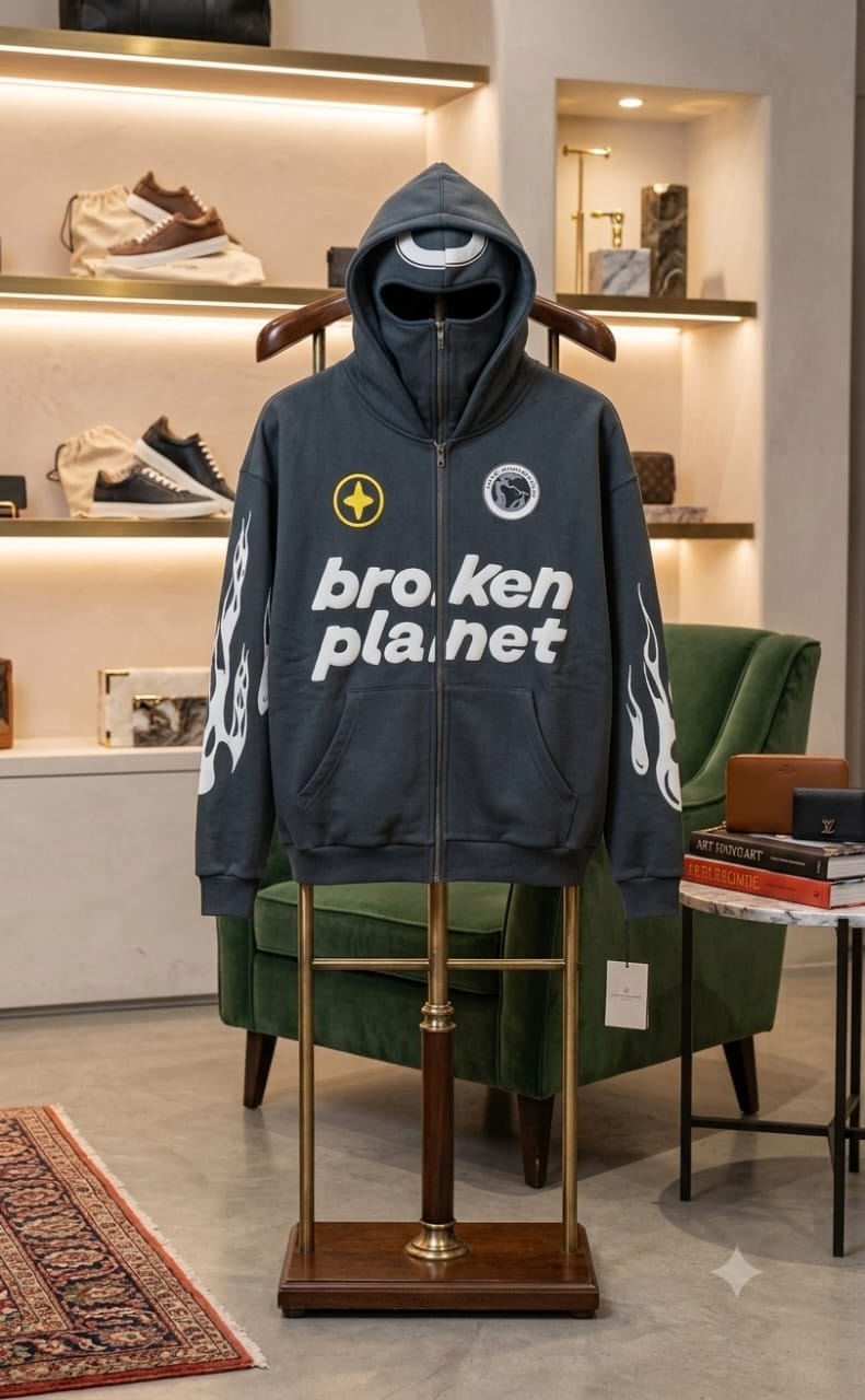 Broken Planet zip-up hoodie in navy with chest text, flame sleeves, and logos on display.