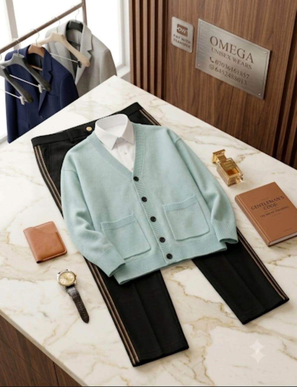 Omega light blue cardigan with pockets over white shirt paired with black side-striped trousers, displayed with wallet, watch, perfume and book on marble surface.