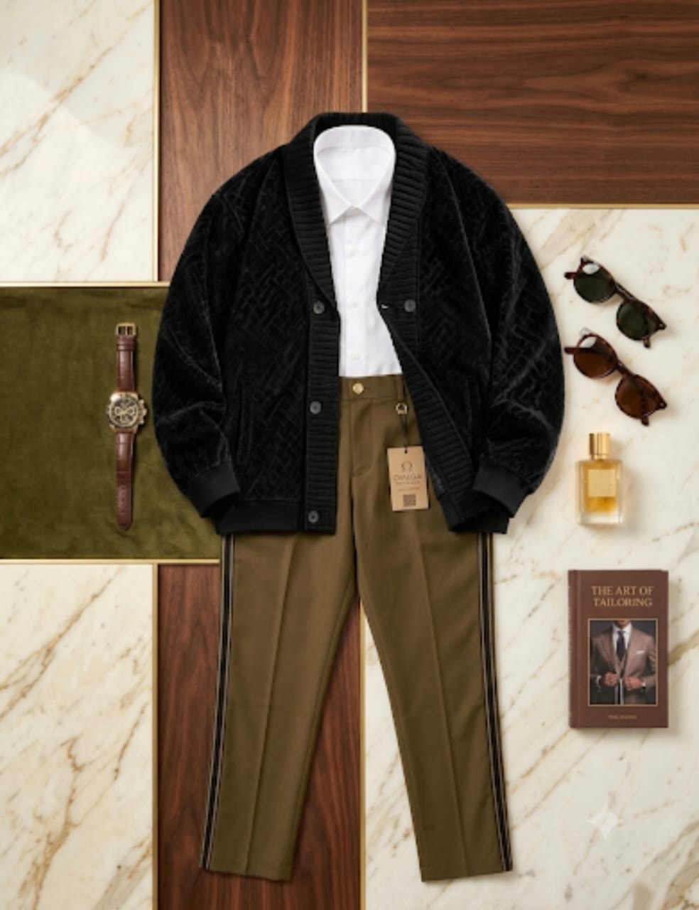 Omega black patterned cardigan over white shirt paired with olive side-striped trousers, styled with watch, sunglasses, perfume and tailoring book.