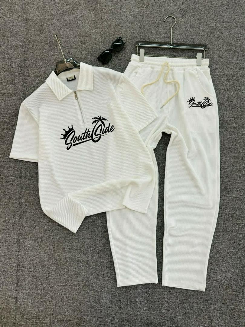 White ribbed zip-up polo shirt and jogger pants with black South Side crown and palm logo.
