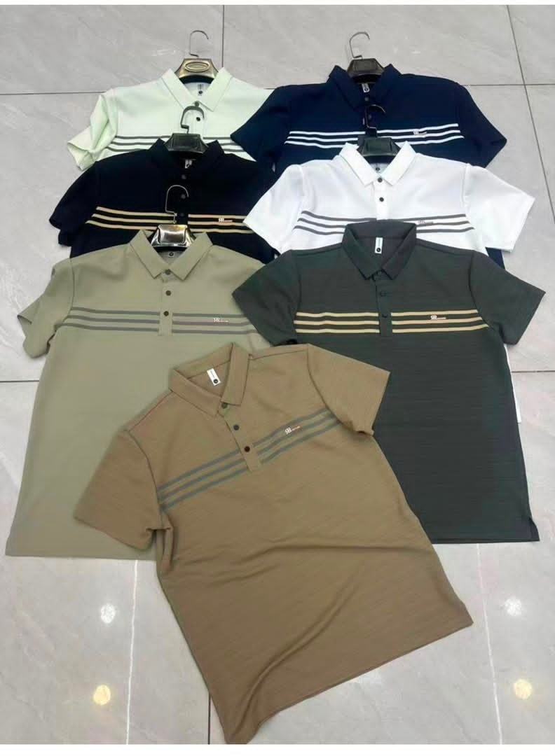 Seven polo shirts with horizontal chest stripes in cream, navy, black, white, beige, olive and brown.