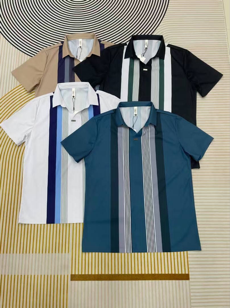 Four vertically striped polo shirts in beige, black, white and teal colorways with multicolored stripe patterns.
