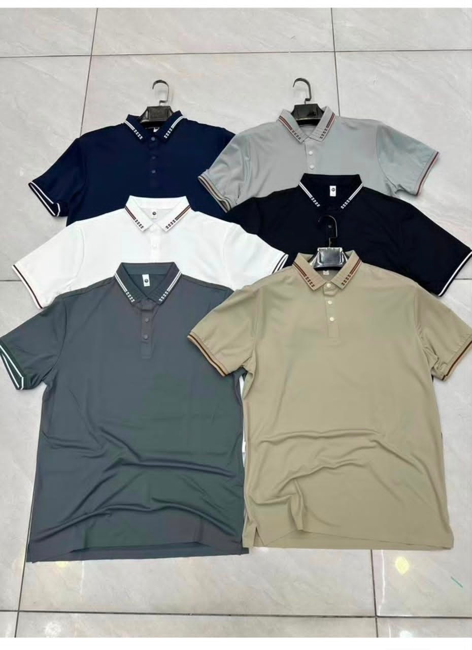Six solid polo shirts with patterned contrast trim on collars and sleeves in navy, gray, white, black, dark gray and beige.