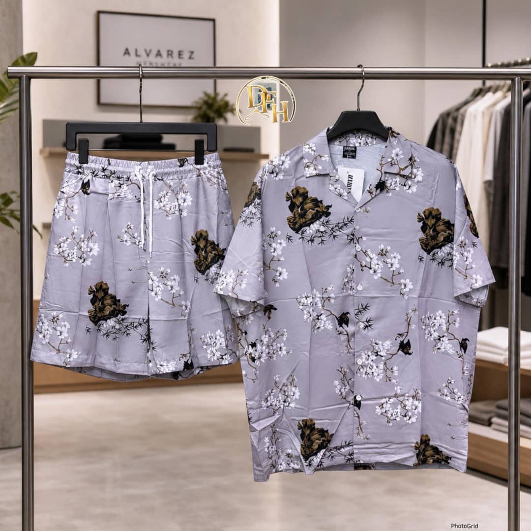 Light gray short sleeve shirt and shorts set with white and brown floral branch prints.