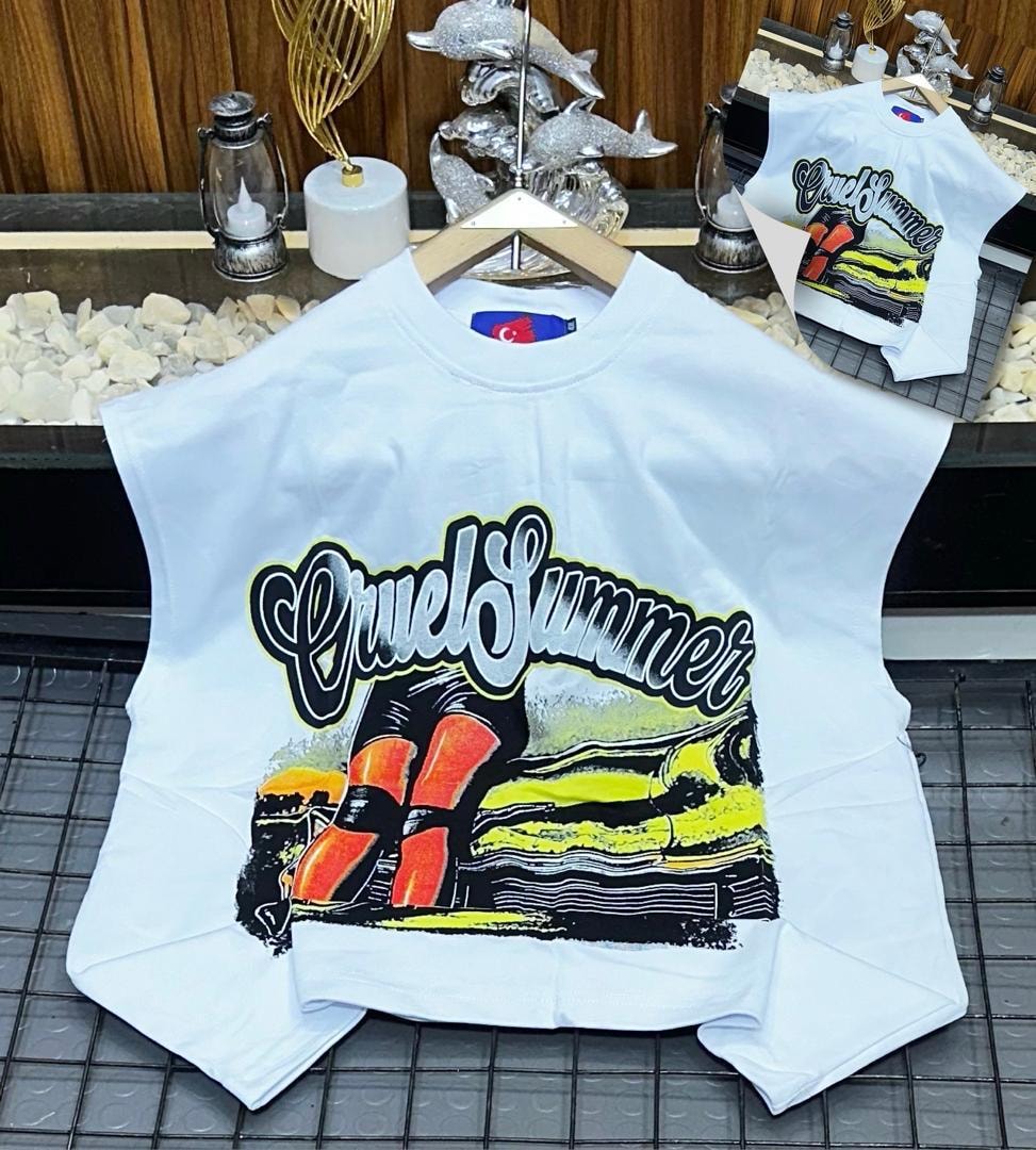 White Cruel Summer graphic armless top flat lay with small inset view.