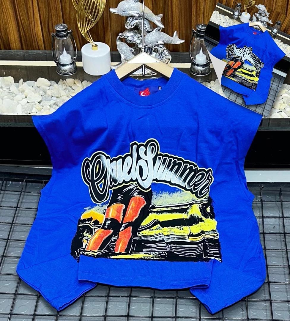 Blue Cruel Summer graphic armless top flat lay with small inset view.