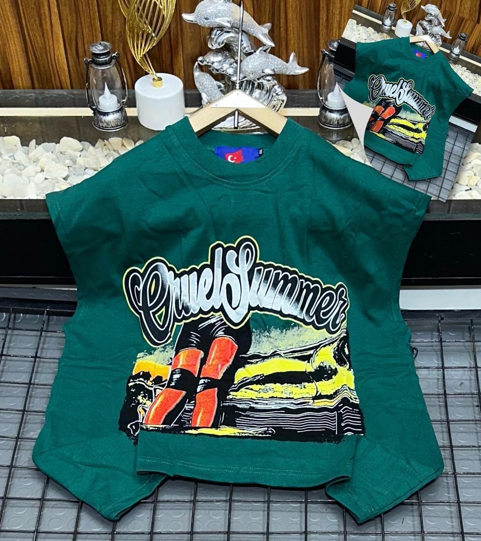 Green Cruel Summer graphic armless top flat lay with small inset view.