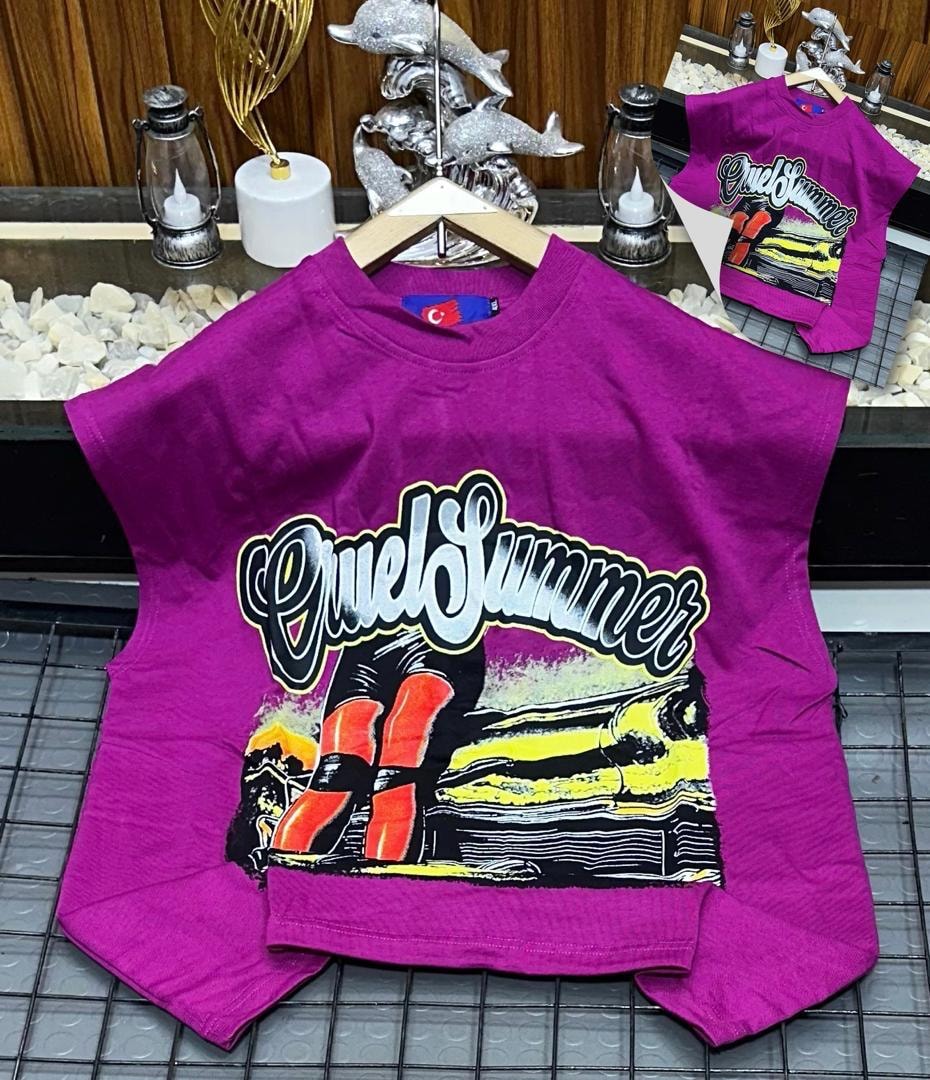Purple Cruel Summer graphic armless top flat lay with small inset view.