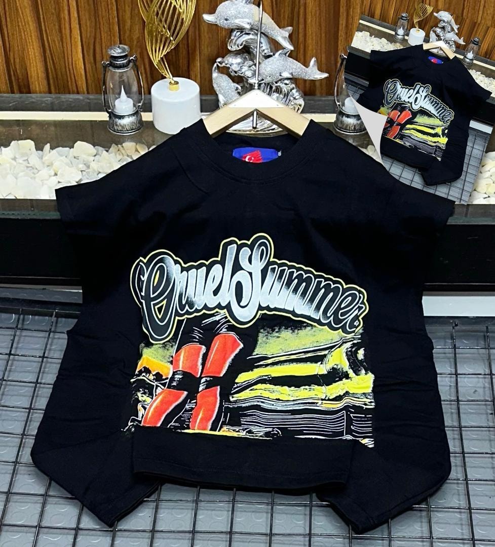 Black Cruel Summer graphic armless top flat lay with small inset view.