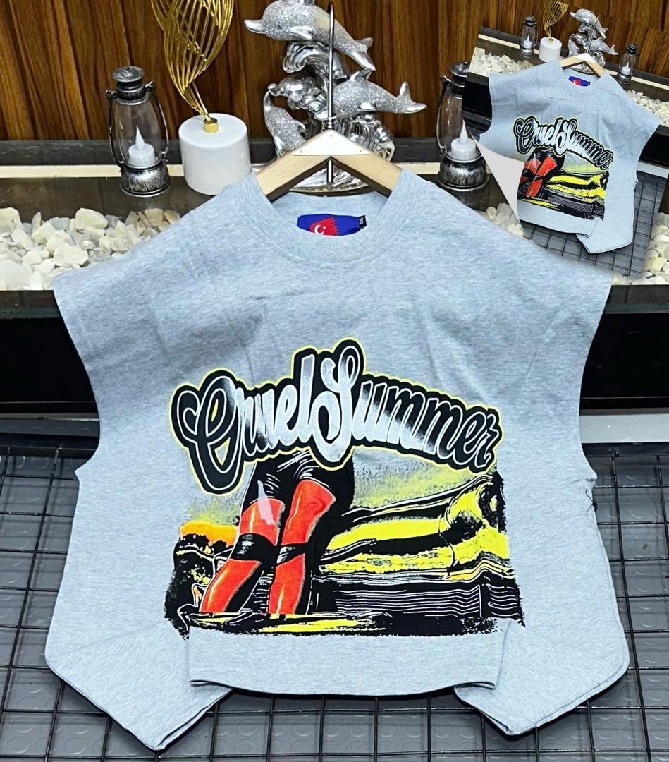 Gray Cruel Summer graphic armless top flat lay with small inset view.