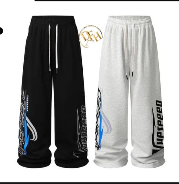 Black and light gray unisex joggers with Upspeed graphic prints on the legs shown side by side.