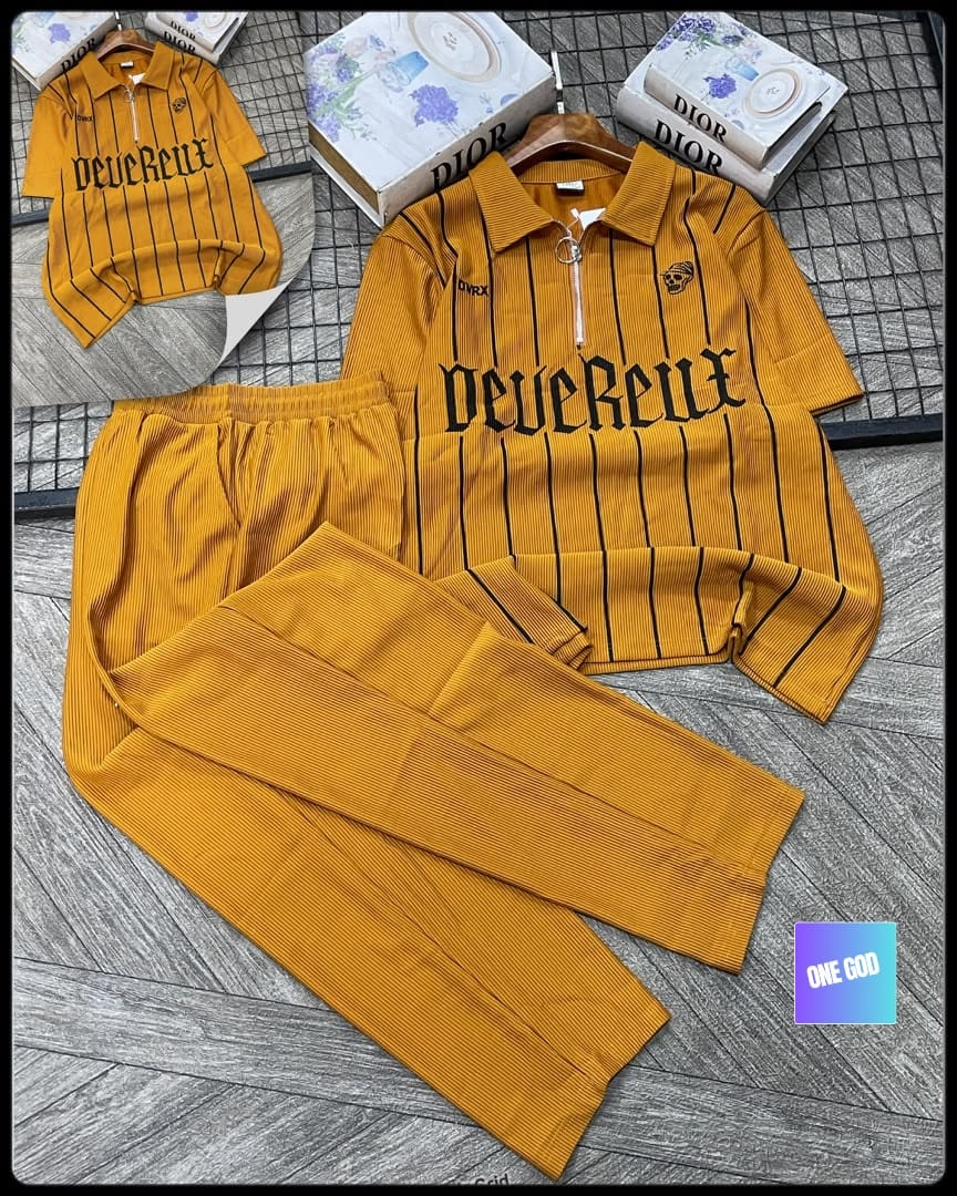 Mustard yellow DeveReut pinstriped ribbed two-piece set flat lay with inset