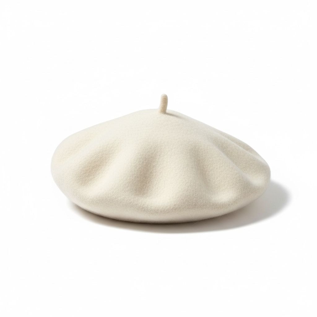 Cream wool beret on white background.