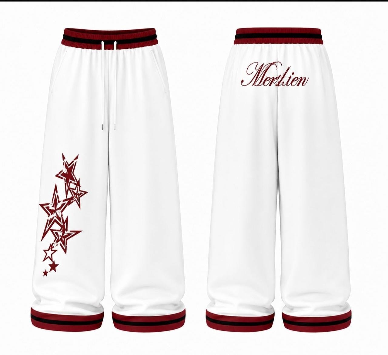 White Mertlien joggers showing front with burgundy star prints on left leg and back with embroidered logo.