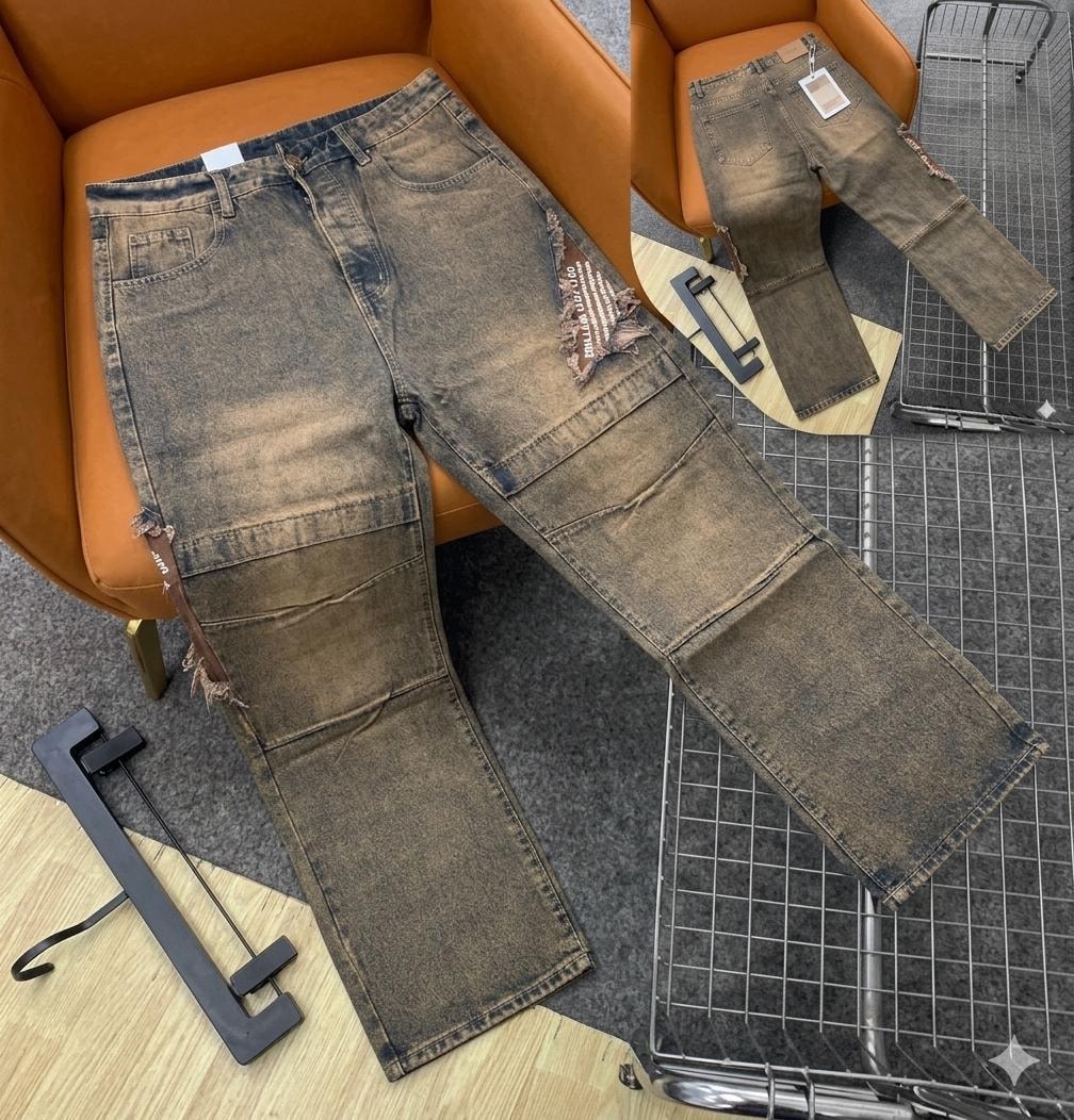 Brown cargo-style baggy jeans with patches, rips, and multiple pockets, shown on orange chair.