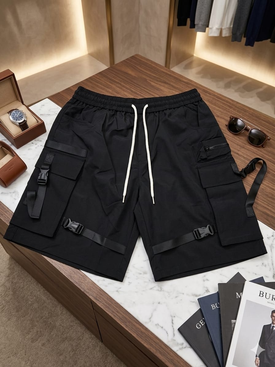 Black cargo shorts with white drawstring, leg buckles and premium styling on wooden surface.