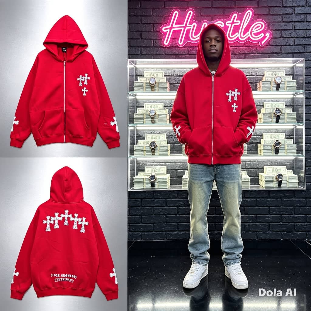 Red zip-up hoodie with white cross motifs on chest, sleeves and back with Los Angeles Freedom text, shown in flatlays and on model.