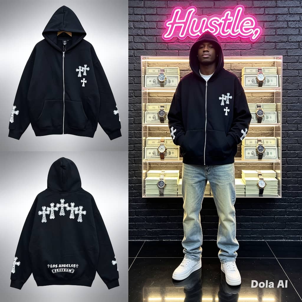 Black zip-up hoodie with white cross motifs on chest, sleeves and back with Los Angeles Freedom text, shown in flatlays and on model.