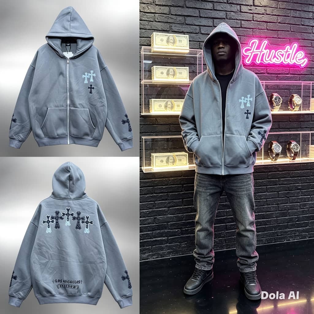 Gray zip-up hoodie with cross motifs on chest, sleeves and back with Los Angeles Freedom text, shown in flatlays and on model.