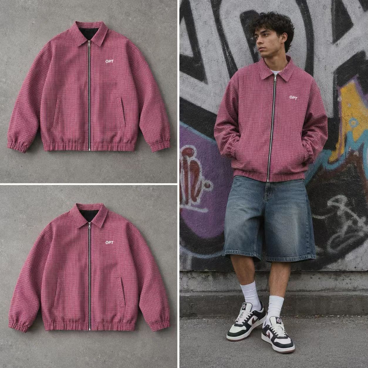 Pink checkered OPT zip-up jacket in flat lay and worn by model with denim shorts.