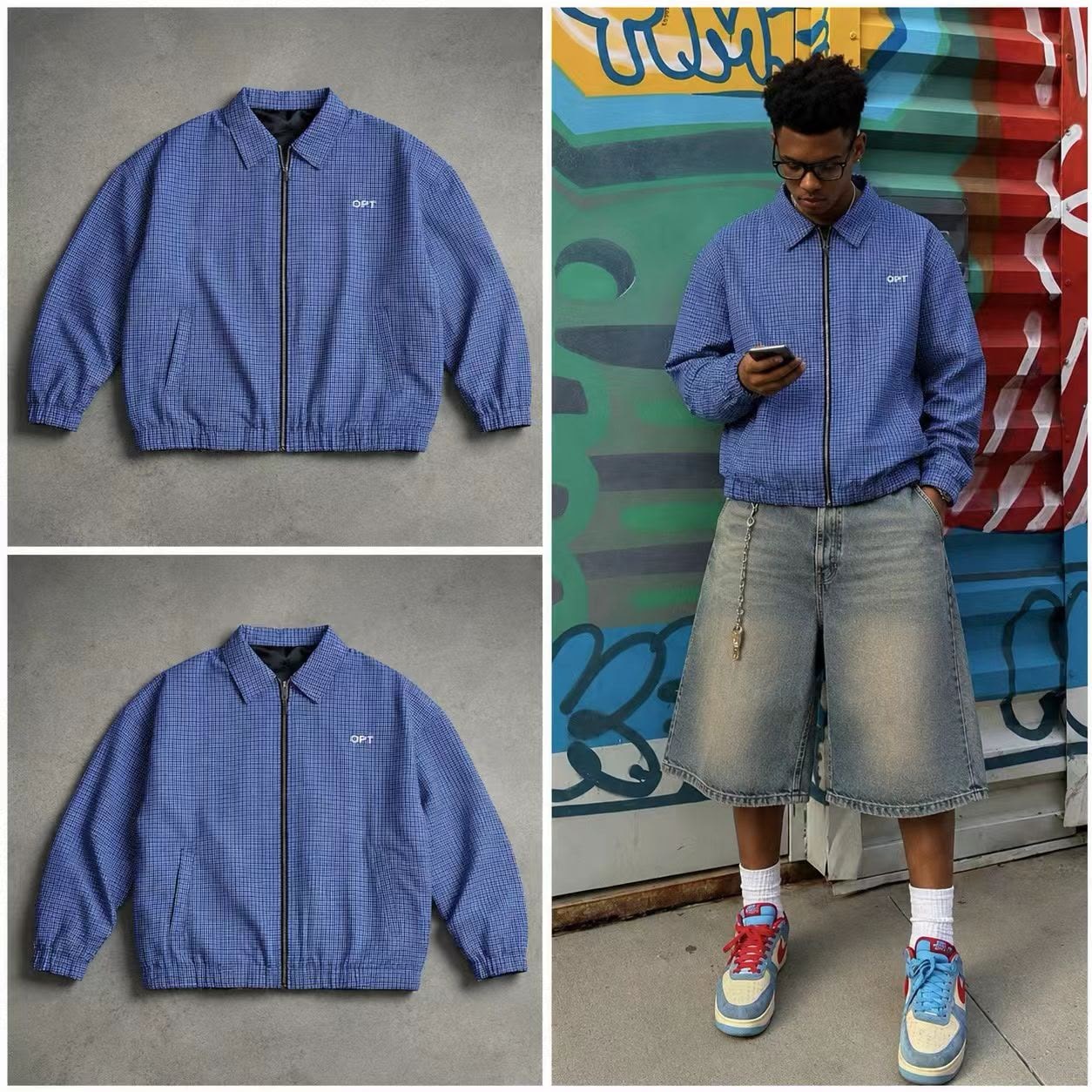 Blue checkered OPT zip-up jacket in flat lay and worn by model with denim shorts.