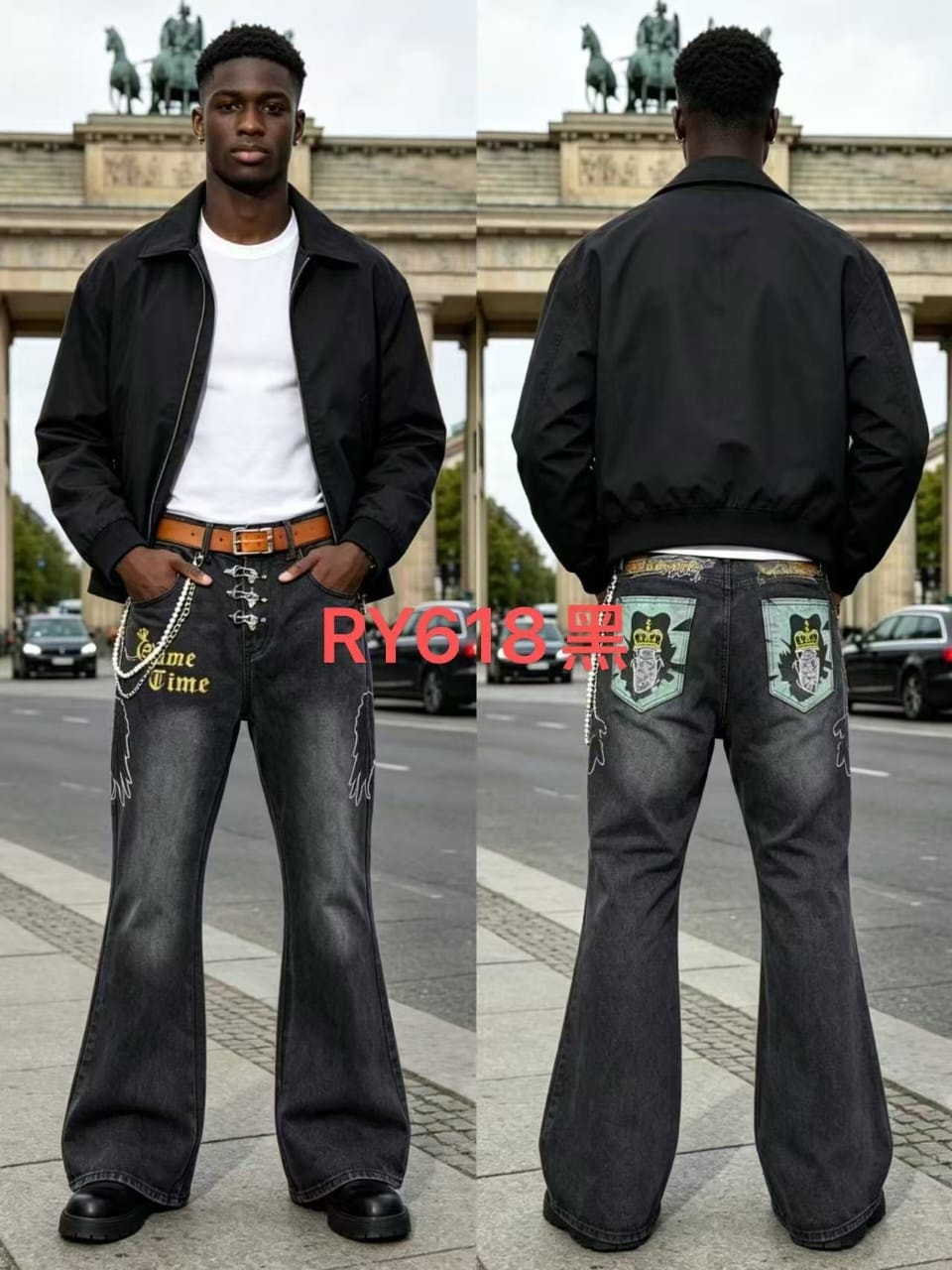 Model in black Game Time baggy jeans with jacket, front and back views highlighting details and fit.