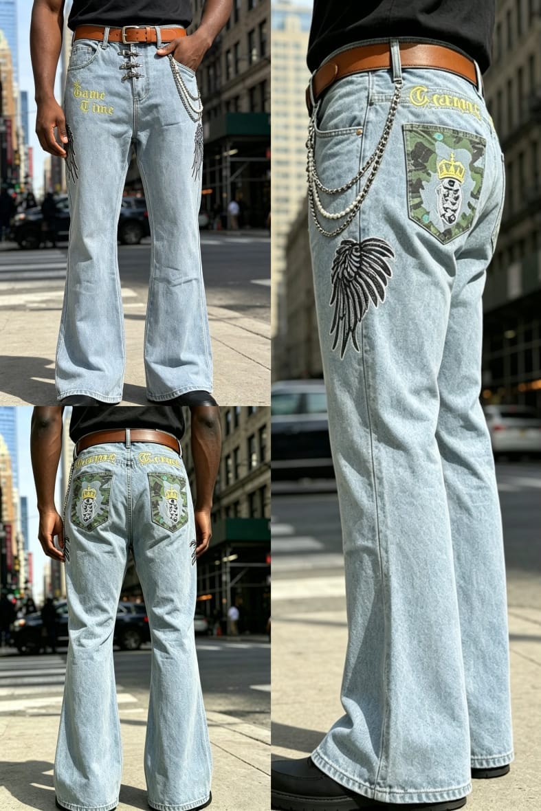 Model wearing light blue Game Time baggy jeans showing front, side and back views with chains and patches.
