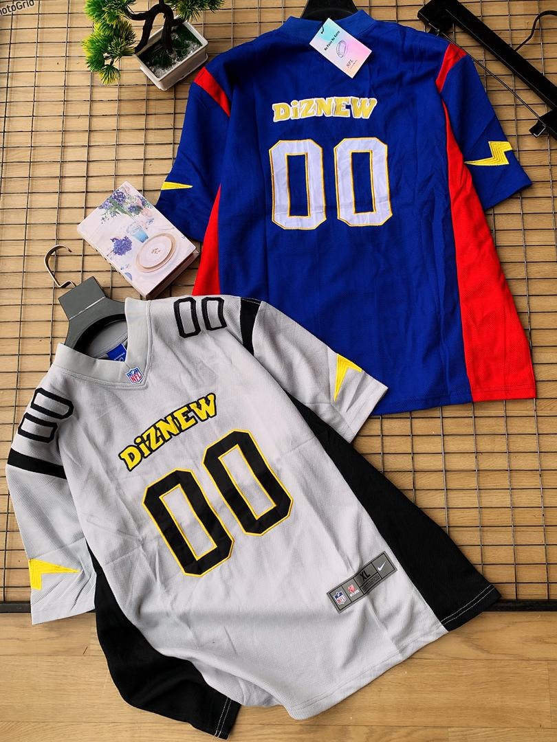 Blue/red and gray/black Diznew 00 football jerseys laid flat with accessories.