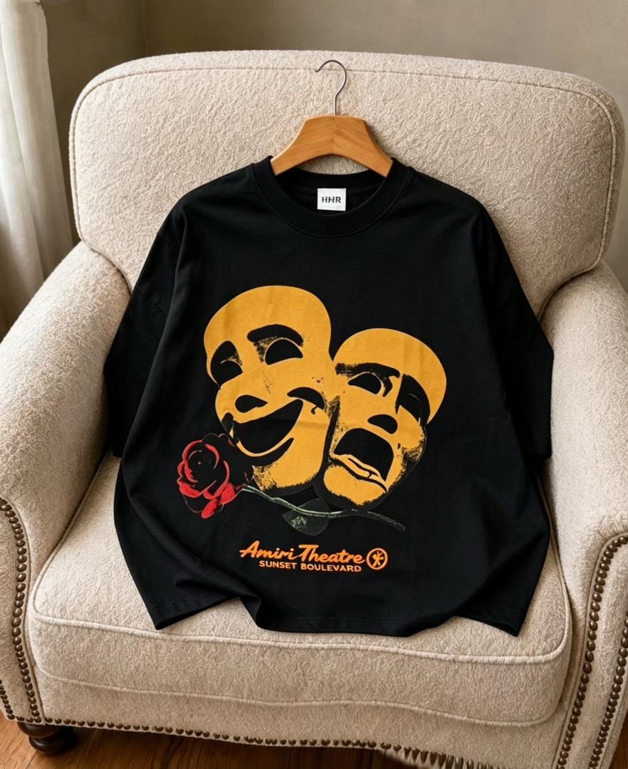 Black Amiri Theatre graphic t-shirt flat lay and on model.