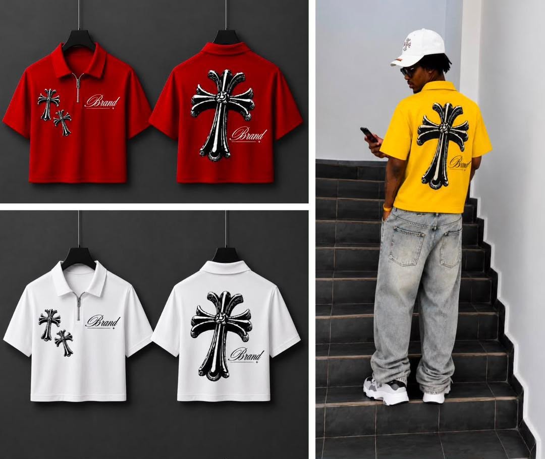 Hanging red and white cropped polos showing cross graphics and Brand text, with model in yellow version from behind on stairs.