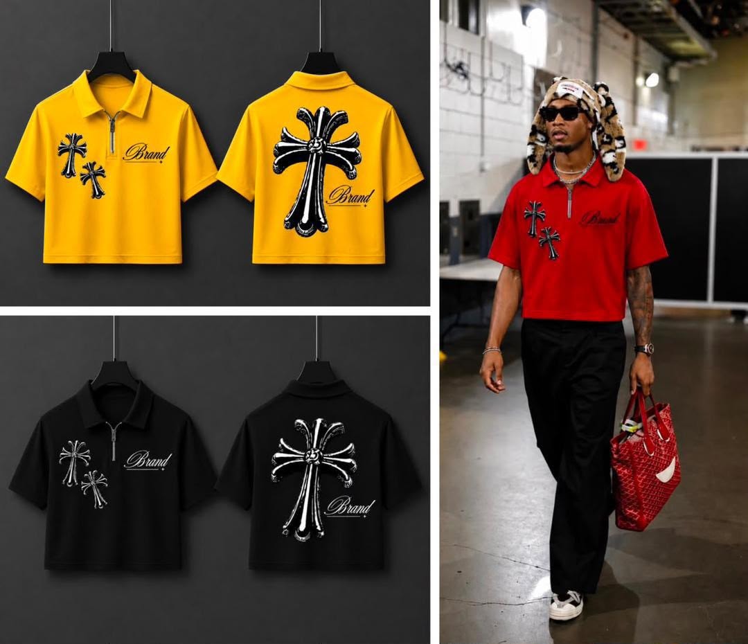 Hanging yellow and black cropped polos with cross and Brand prints on front and back, with model in red version walking.