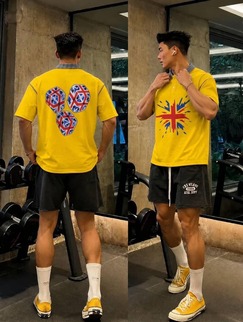 Man in gym wearing yellow Union Jack splatter polo shirt, front view with splatter graphic and back with three patterned hexagons.