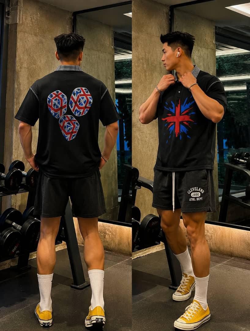 Man in gym wearing black Union Jack splatter polo with checkered collar, shown from front and back with hexagonal back prints.